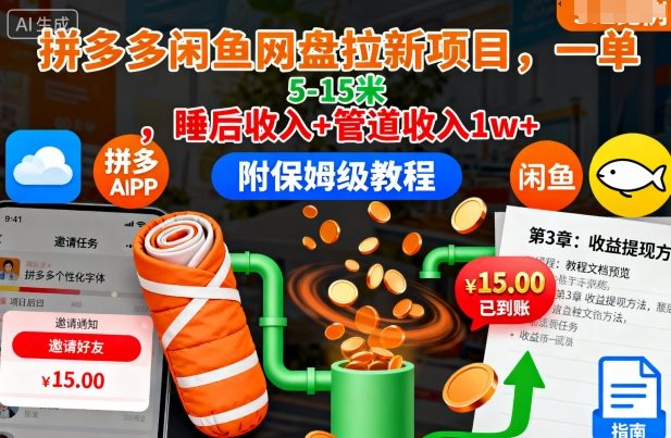 拼多多闲鱼网盘拉新项目,一单5-15米,睡后收入+管道收入1w+(附保姆级教程)-独角兽众创资源站独角兽网创资源站