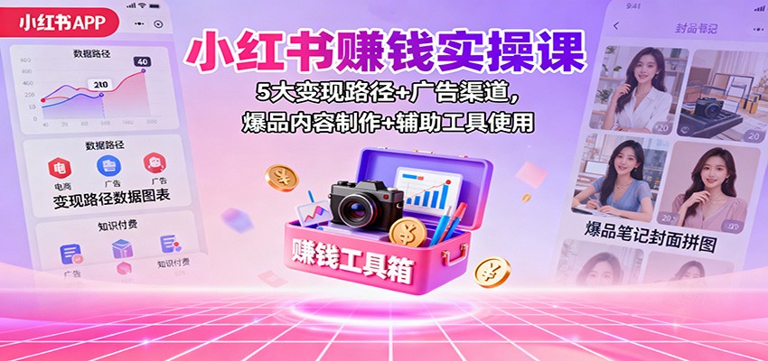 小红书赚钱实操课：5大变现路径+广告渠道，爆品内容制作+辅助工具使用-独角兽众创资源站独角兽网创资源站