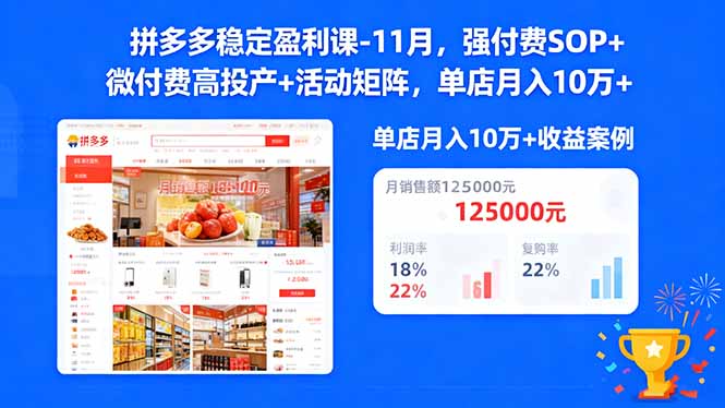 拼多多稳定盈利课-11月，强付费SOP+微付费高投产+活动矩阵，单店月入10w+-独角兽众创资源站独角兽网创资源站