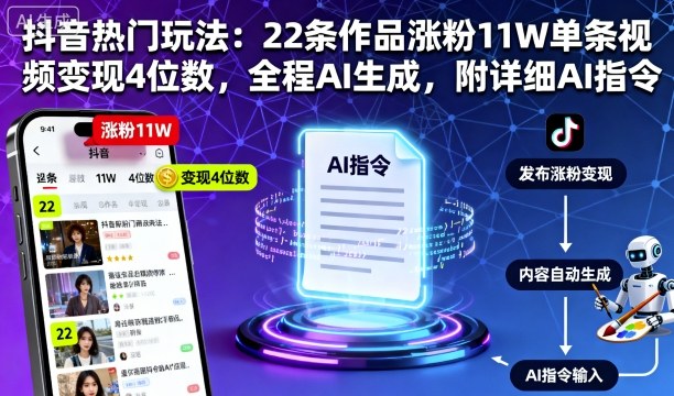 抖音热门玩法：22条作品涨粉11W单条视频变现4位数，全程AI生成，附详细AI指令-独角兽众创资源站独角兽网创资源站