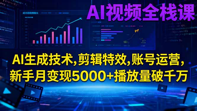 AI视频全栈课:AI生成技术,剪辑特效,账号运营,新手月变现5000+播放量破千万-独角兽众创资源站独角兽网创资源站