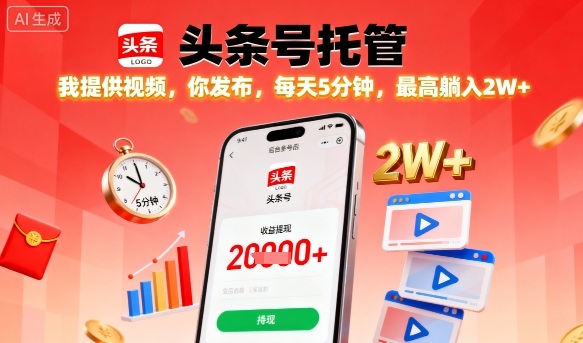 【头条号托管】我提供视频，你发布，每天5分钟，最高躺入2W+【揭秘】-独角兽众创资源站独角兽网创资源站