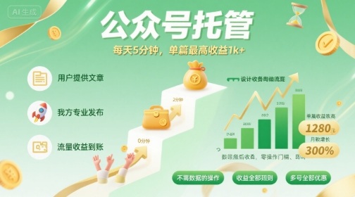 【公众号托管 】我提供文章，你发布，每天5分钟，单篇最高收益1k+【揭秘】-独角兽众创资源站独角兽网创资源站