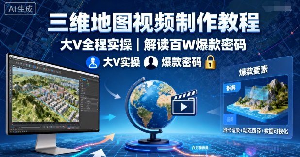 三维地图视频制作教程，大V全程实操，解读百W爆款密码-独角兽众创资源站独角兽网创资源站