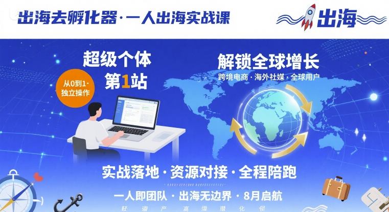 出海去孵化器，一人出海实战课，超级个体第1站，解锁全球增长-独角兽众创资源站独角兽网创资源站