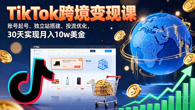 TikTok跨境变现课：账号起号、独立站搭建、投流优化，30天实现月入10w美金-独角兽众创资源站独角兽网创资源站
