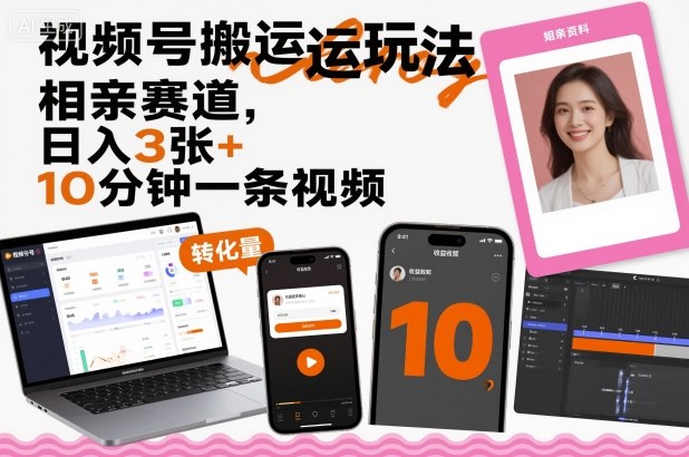 视频号搬运玩法，相亲赛道，日入3张+，10分钟一条视频-独角兽众创资源站独角兽网创资源站