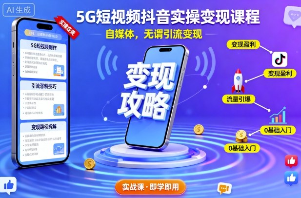 5G短视频抖音实操变现课程，自媒体，无谓引流变现-独角兽众创资源站独角兽网创资源站