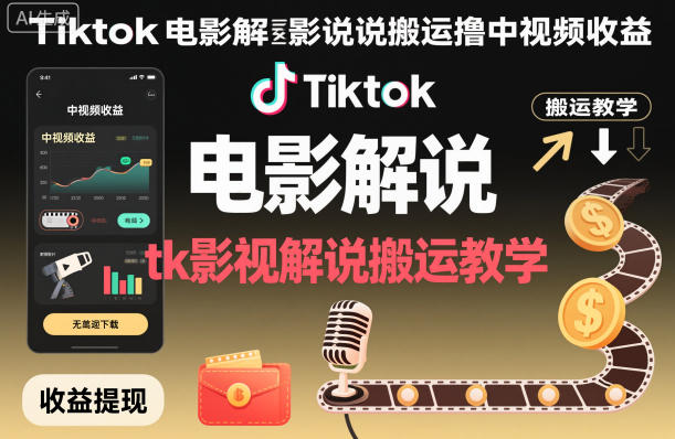 Tiktok电影解说搬运撸中视频收益，tk影视解说搬运教学-独角兽众创资源站独角兽网创资源站