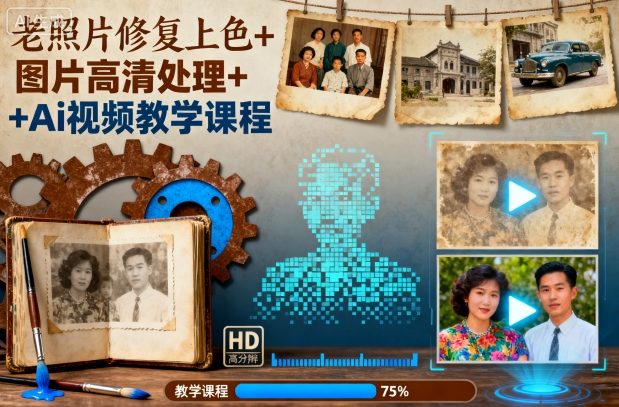 老照片修复上色+图片高清处理+Ai视频教学课程-独角兽众创资源站独角兽网创资源站