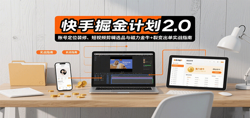快手掘金计划2.0，账号定位装修、短视频剪辑选品与磁力金牛+裂变出单实战指南-独角兽众创资源站独角兽网创资源站