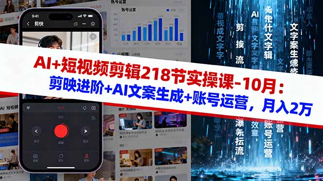 AI+短视频剪辑218节实操课-10月:剪映进阶+AI文案生成+账号运营,月入2万-独角兽众创资源站独角兽网创资源站