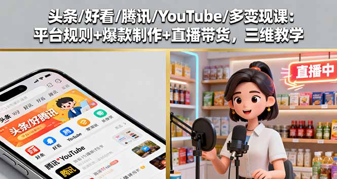 头条/好看/腾讯/YouTube/多变现课：平台规则+爆款制作+直播带货，三维教学-独角兽众创资源站独角兽网创资源站