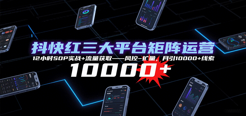 抖快红三大平台矩阵运营，12小时SOP实战+流量获取-风控-扩量，月引10000+线索-独角兽众创资源站独角兽网创资源站