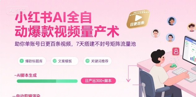 小红书AI全自动爆款视频量产术，助你单账号日更百条视频，7天搭建不封号矩阵流量池(更新9月)-独角兽众创资源站独角兽网创资源站