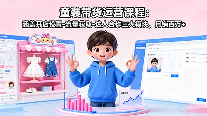 童装带货运营课程：涵盖开店设置-流量获取-达人合作三大模块，月销百万+-独角兽众创资源站独角兽网创资源站