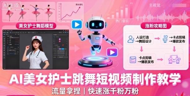 AI美女护士跳舞短视频制作教学，流量拿捏，快速涨千粉万粉【提示词+视频教程】-独角兽众创资源站独角兽网创资源站