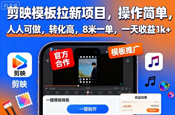 剪映模板拉新项目,操作简单,人人可做,转化高,8米一单,一天收益1k+-独角兽众创资源站独角兽网创资源站