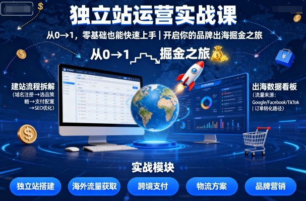 独立站运营实战课,从0到1,零基础也能快速上手,开启你的品牌出海掘金之旅-独角兽众创资源站独角兽网创资源站