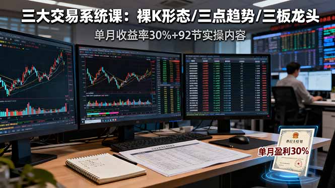 三大交易系统课：裸K形态/三点趋势/三板体系，单月收益率30%+92节实操内容-独角兽众创资源站独角兽网创资源站