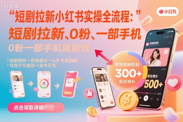 短剧拉新小红书实操全流程，0粉一部手机就可以做，详细教程-独角兽众创资源站独角兽网创资源站