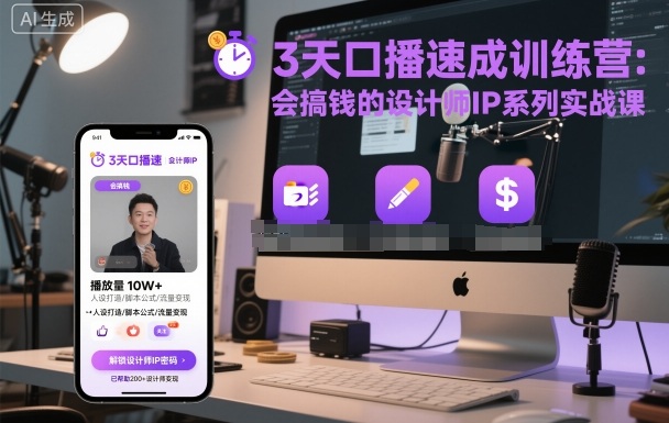 3天口播速成训练营，会搞钱的设计师IP系列实战课-独角兽众创资源站独角兽网创资源站
