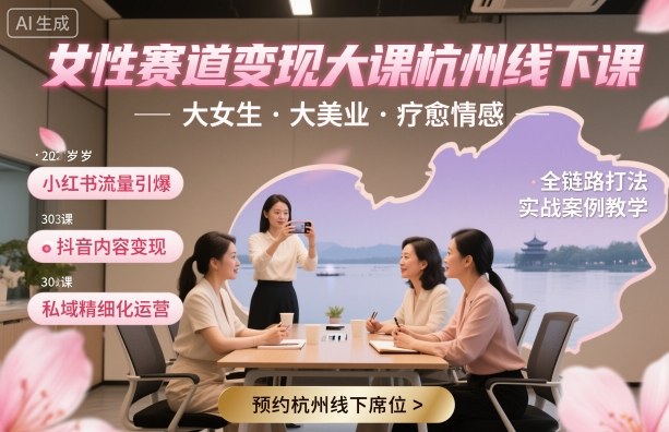 女性赛道变现大课杭州线下，大女生，大美业，疗愈情感，一套小红书、抖音、私域全链路打法-独角兽众创资源站独角兽网创资源站