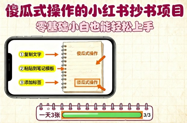 傻瓜式操作的小红书抄书项目，会复制粘贴就行，零基础小白也能一天3张-独角兽众创资源站独角兽网创资源站