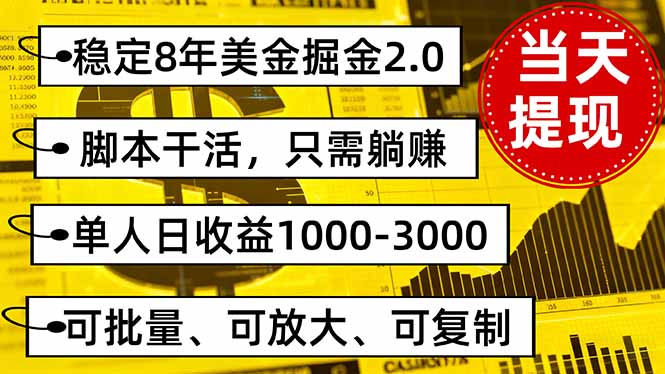 稳定8年美金掘金2.0脚本干活，只需躺赚。单人日收益1000-3000可批量、…-独角兽众创资源站独角兽网创资源站