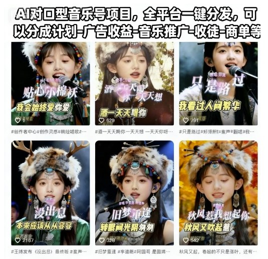 AI对口型音乐号项目，全平台一键分发，可以分成计划-广告收益-音乐推广-收徒-商单等-独角兽众创资源站独角兽网创资源站