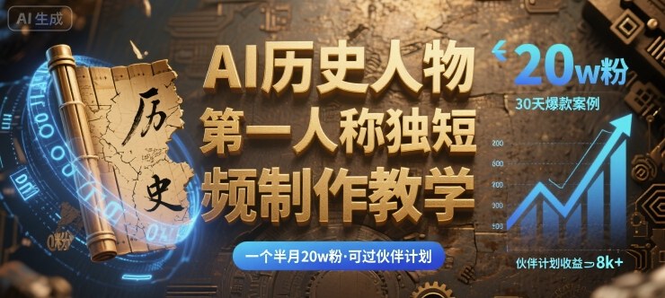 最新AI历史人物第一人称独白短视频制作教学，一个半月20w粉，可过伙伴计划-独角兽众创资源站独角兽网创资源站