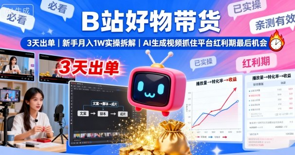 B站好物带货，3天出单，新手月入1W实操拆解，AI生成视频，抓住平台红利期最后机会-独角兽众创资源站独角兽网创资源站
