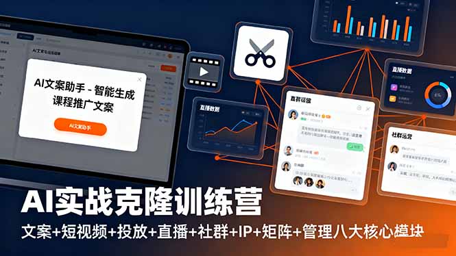 AI实战克隆训练营:文案+短视频+投放+直播+社群+IP+矩阵+管理八大核心模块-独角兽众创资源站独角兽网创资源站