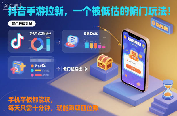 抖音手游拉新，一个被低估的偏门玩法！手机平板都能玩，每天只需十分钟，就能賺取四位数【揭秘】-独角兽众创资源站独角兽网创资源站