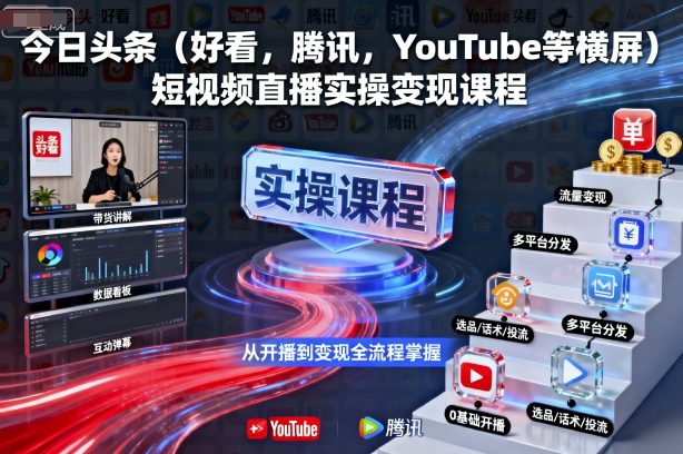 今日头条(好看，腾讯，YouTube等横屏)短视频直播实操变现课程-独角兽众创资源站独角兽网创资源站