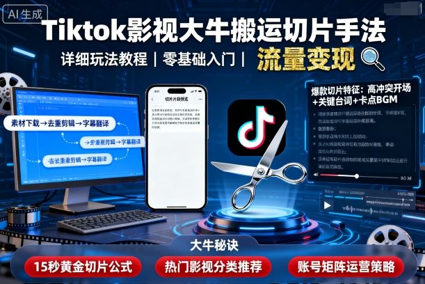 Tiktok影视大牛搬运切片手法，详细玩法教程-独角兽众创资源站独角兽网创资源站