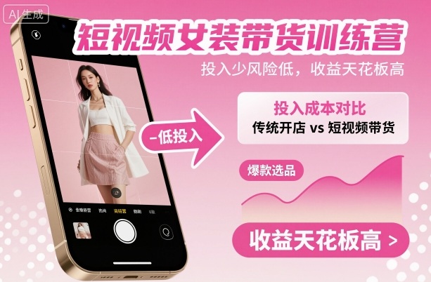 短视频女装带货训练营，投入少风险低，收益天花板高-独角兽众创资源站独角兽网创资源站
