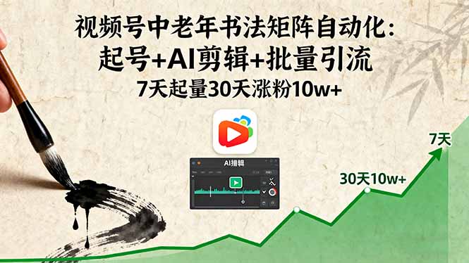 视频号中老年书法矩阵自动化：起号+AI剪辑+批量引流 7天起量30天涨粉10w+-独角兽众创资源站独角兽网创资源站