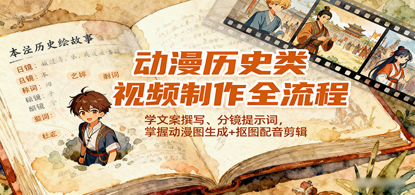 动漫历史类视频制作全流程，学文案撰写、分镜提示词，掌握动漫图生成+抠图配音剪辑-独角兽众创资源站独角兽网创资源站