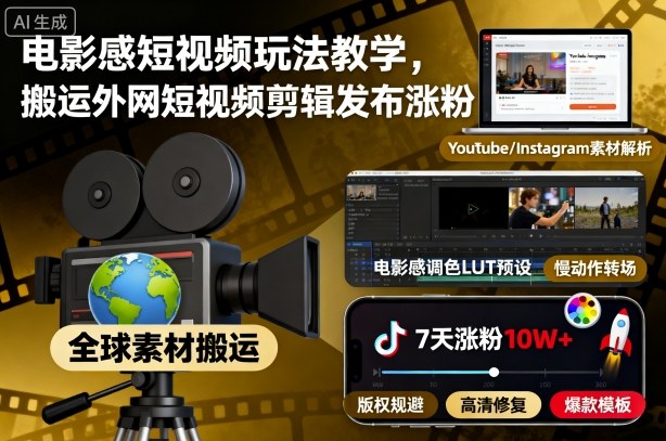 电影感短视频玩法教学,搬运外网短视频剪辑发布涨粉-独角兽众创资源站独角兽网创资源站