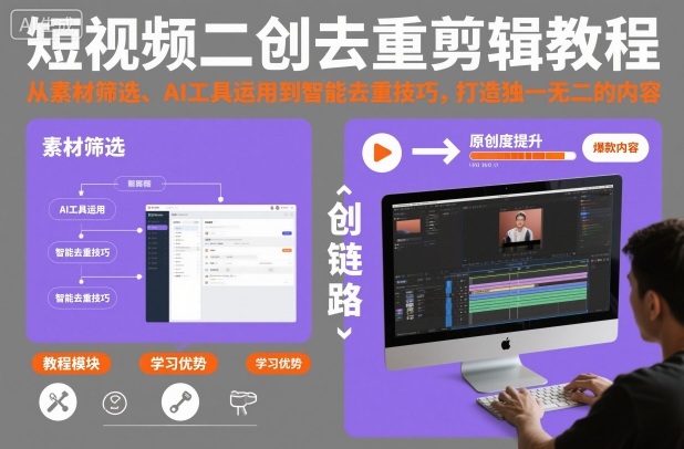 短视频二创去重剪辑教程，从素材筛选、AI工具运用到智能去重技巧，打造独一无二的内容-独角兽众创资源站独角兽网创资源站