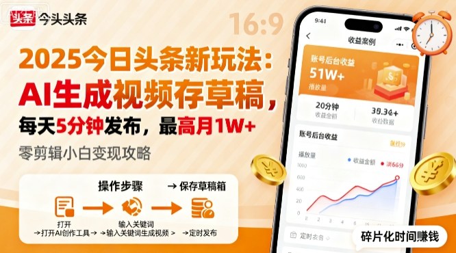 2025年今日头条躺賺新玩法，AI生成视频存草稿，每天5分钟发布，最高月1W+【揭秘】-独角兽众创资源站独角兽网创资源站