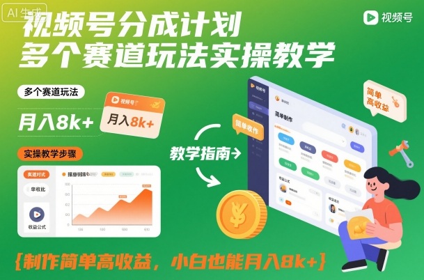 视频号分成计划多个赛道玩法实操教学,制作简单高收益,小白也能月入8k+-独角兽众创资源站独角兽网创资源站