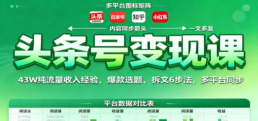 头条号变现课:43W纯流量收入经验,爆款选题,拆文6步法,多平台同步-独角兽众创资源站独角兽网创资源站