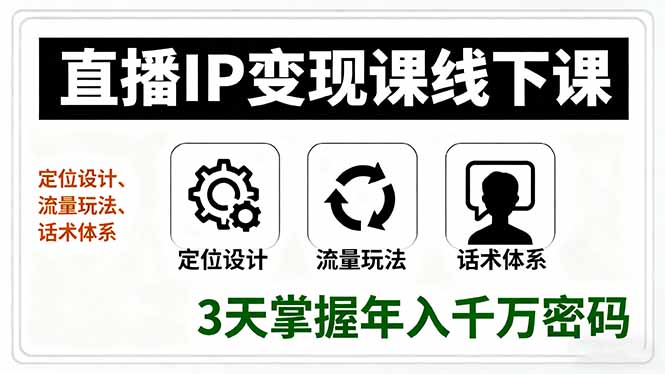 直播IP变现课线下课，定位设计、流量玩法、话术体系，3天掌握年入千万密码-独角兽众创资源站独角兽网创资源站