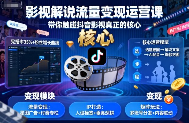影视解说流量变现运营课，带你触碰抖音影视真正的核心-独角兽众创资源站独角兽网创资源站