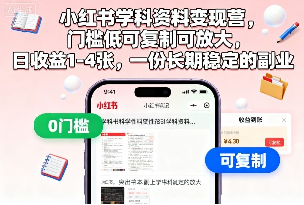小红书学科资料变现营,门槛低可复制可放大,日收益1-4张,一份长期稳定的副业-独角兽众创资源站独角兽网创资源站