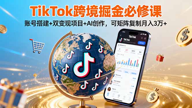 TikTo跨境掘金必修课，账号搭建+双变现项目+AI创作，可矩阵复制月入3万+-独角兽众创资源站独角兽网创资源站