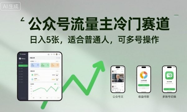 公众号流量主冷门赛道，日入5张，适合普通人，可多号操作-独角兽众创资源站独角兽网创资源站