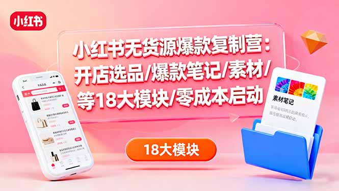 小红书无货源爆款复制营：开店选品/爆款笔记/素材/等18大模块/零成本启动-独角兽众创资源站独角兽网创资源站